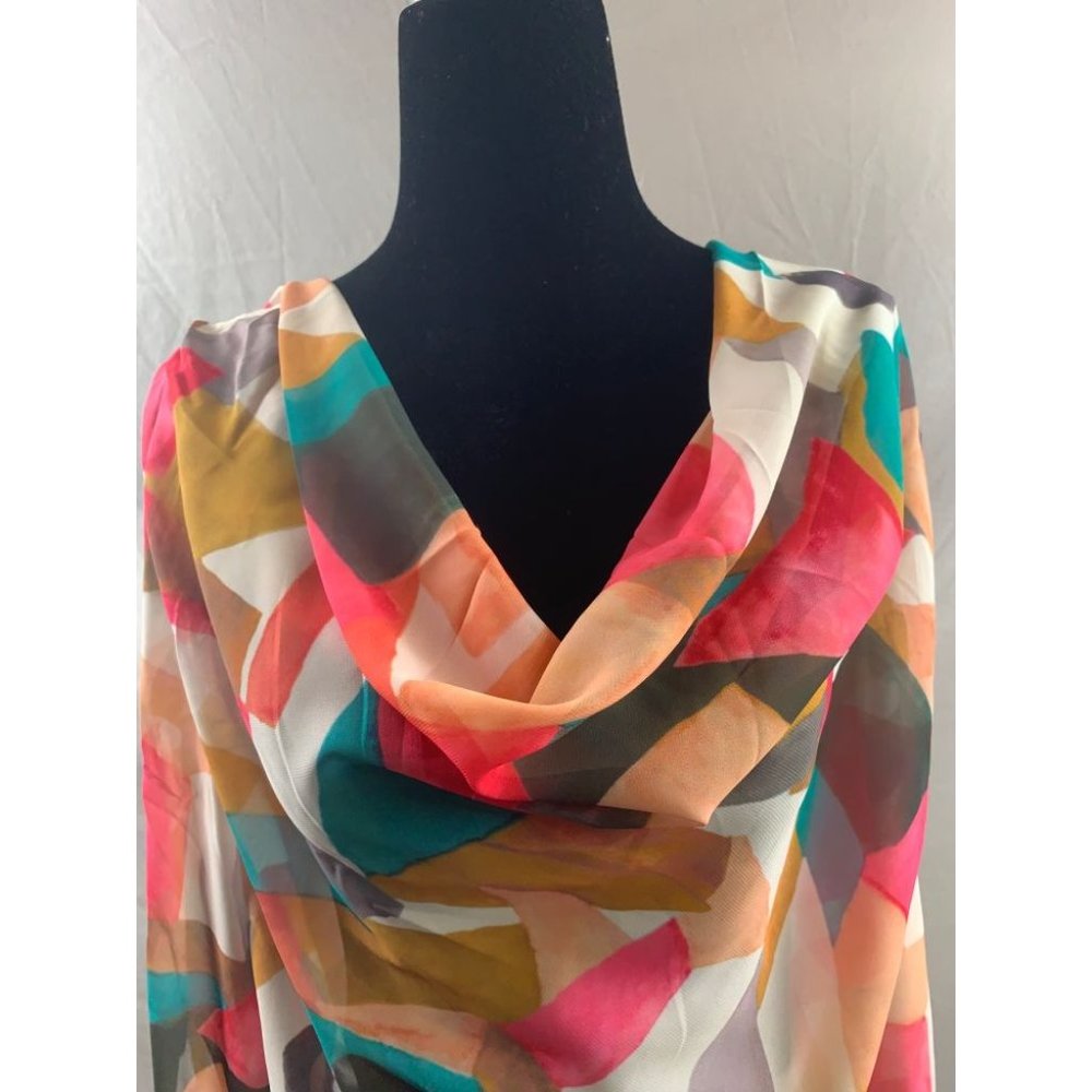 NWT Draped Neck Shirred Cuff Graphic Print Chiffon Top - Picture 2 of 4